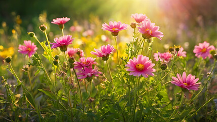 Fototapeta premium Pink Wildflowers Blooming in Sunlit Meadow: A vibrant burst of color and life in a sunlit meadow, with delicate pink wildflowers reaching towards the sky, evoking a sense of peace and tranquility. 