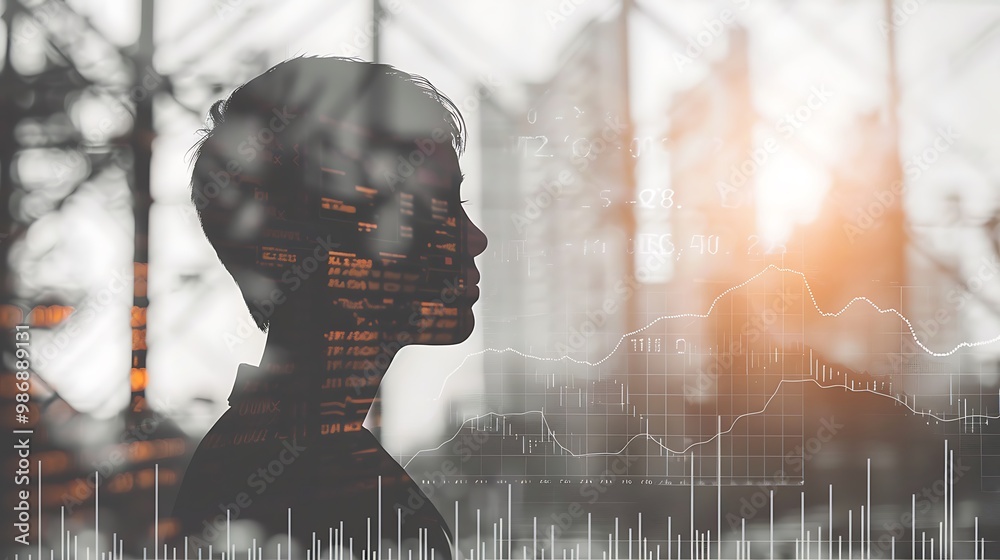 Poster silhouette of a person with a cityscape and data overlay in the background, illustrating a concept o