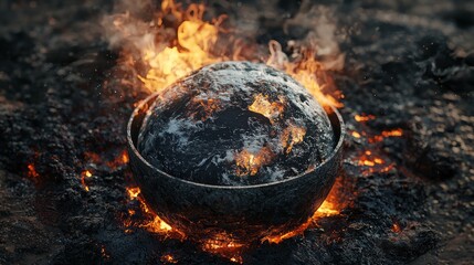 Global Warming Concept: Planet in Pot Over Fire with Boiling Water - 3D Environmental Artwork