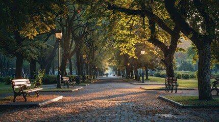 A peaceful urban park with trees and benches, bathed in the soft light of dusk, and a few people walking or jogging along the paths.