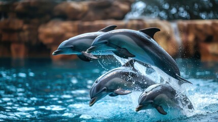Obraz premium A playful pod of dolphins swimming and jumping out of the water, capturing their dynamic movement.