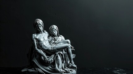 Obraz premium A poignant depiction of the PietÃ&nbsp;, with the Virgin Mary cradling the body of the crucified Jesus in her lap, set against a dark, somber background.