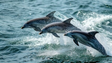 Fototapeta premium A playful pod of dolphins swimming and jumping out of the water, capturing their dynamic movement.