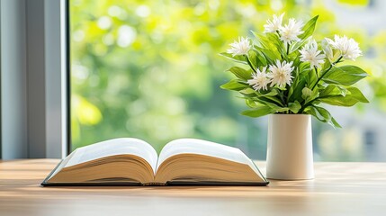 Open Book and Flower Vase by a Sunny Window