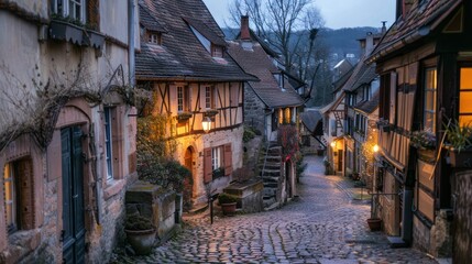 Fototapeta premium A quaint village with cobblestone streets and charming houses, with warm lights beginning to glow in windows as dusk sets in.