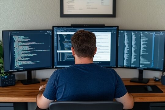 Developer working on a website with multiple tabs open, multitasking in web development, efficient coding setup.