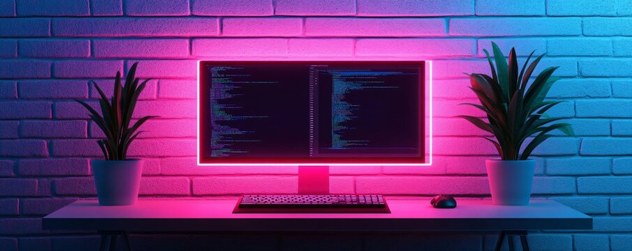  Neon-lit workspace with dual monitors showing responsive web design, coding environment, modern developer setup.