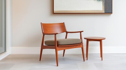 Mahogany wood chair in an art-filled room