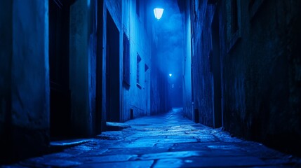 Blue street photography of a quiet alley, moody atmosphere,
