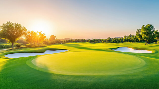 Scenic golf course at sunrise with lush green grass and tranquil water features, perfect for relaxation and sport.