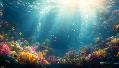 Fototapeta premium A dreamy underwater scene with schools of colorful fish, corals, and rays of sunlight penetrating through the water’s surface
