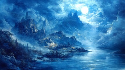 Fototapeta premium Blue surrealism with dreamlike landscapes, ethereal and otherworldly,