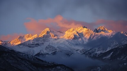 Obraz premium A stunning sunrise over alpine mountains, with the first light of day casting a golden glow on the snowy peaks.