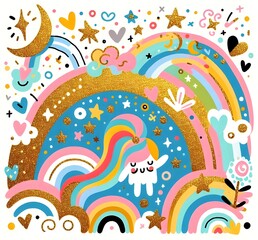 Obraz premium Cielos Mágiestrellas, arcoíris, luna, sol, nubes, cometas, brillo, dorado, glitter, cielo, fantasía, resplandor, sueños, universo, colorido, magia, arte, ilustración, ensueño,cos y Arcoíris Brillantes