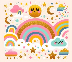 Naklejka premium Cielos Mágiestrellas, arcoíris, luna, sol, nubes, cometas, brillo, dorado, glitter, cielo, fantasía, resplandor, sueños, universo, colorido, magia, arte, ilustración, ensueño,cos y Arcoíris Brillantes