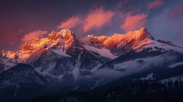 A stunning sunrise over alpine mountains, with the first light of day casting a golden glow on the snowy peaks.