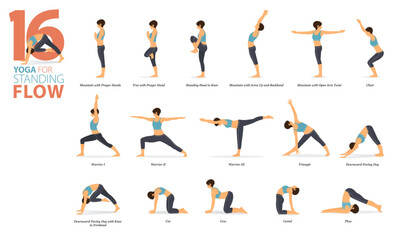 16 Yoga poses or asana posture for workout in standing flow concept. Women exercising for body stretching. Fitness infographic. Flat cartoon vector.