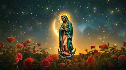 A traditional portrayal of Our Lady of Guadalupe, standing on a crescent moon, surrounded by roses, with a glowing aura and a starry mantle.