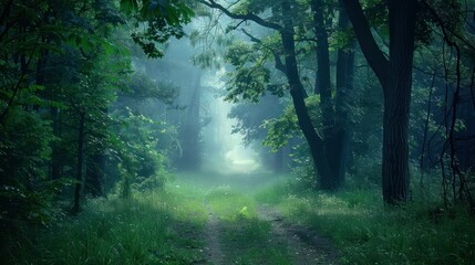Obraz premium A tranquil forest path bathed in the soft, dim light of dusk, with trees casting intricate shadows and a misty atmosphere adding a sense of mystery.