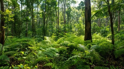 Obraz premium A variety of foliage types, from ferns and shrubs to tall trees, creating a rich and diverse forest floor.