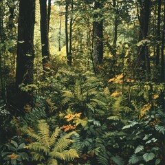 A variety of foliage types, from ferns and shrubs to tall trees, creating a rich and diverse forest floor.