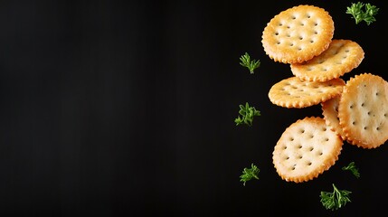 Floating Crackers with Herbs and Cheese on Dark Background