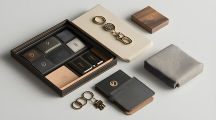 An eye-catching 3D rendering of a custom keychain with initials showcased in a thoughtfully arranged gift set. The keychain is crafted from high-quality materials and is accompanied by a soft 