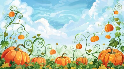 A whimsical pumpkin patch with various sizes of pumpkins and vines, ideal for fall-themed clipart.
