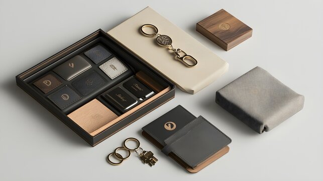 An eye-catching 3D rendering of a custom keychain with initials showcased in a thoughtfully arranged gift set. The keychain is crafted from high-quality materials and is accompanied by a soft 