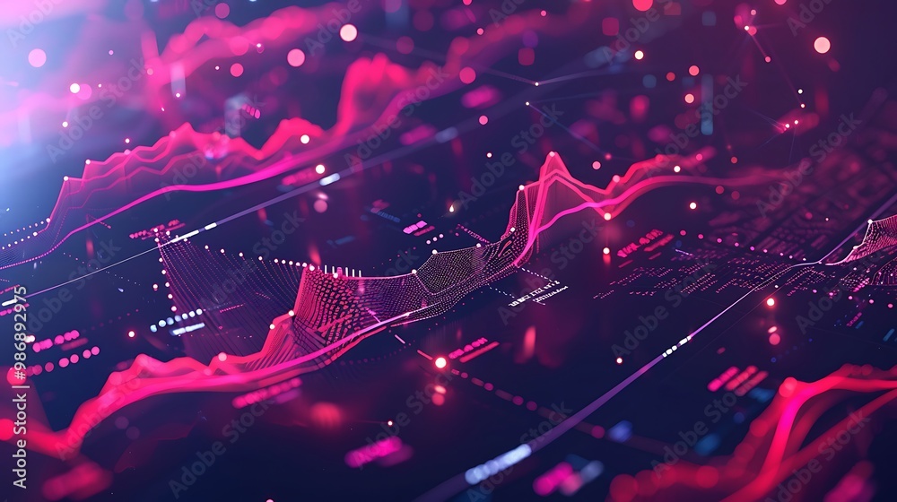 Poster digital visualization of data with abstract lines, graphs and dots glowing in the dark.