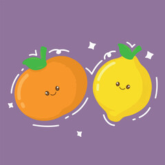 Cute kawai lemon and orange fruits. Vector illustration.