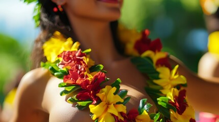 Close-up of a traditional Hawaiian hula dancer mid-performance