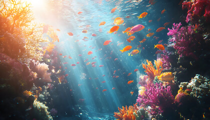 Fototapeta premium A dreamy underwater scene with schools of colorful fish, corals, and rays of sunlight penetrating through the water’s surface