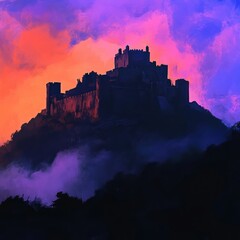 Obraz premium An ancient castle perched on a hill, silhouetted against the colorful dusk sky, with a slight mist adding a mystical touch.