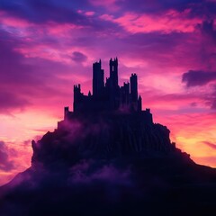 Obraz premium An ancient castle perched on a hill, silhouetted against the colorful dusk sky, with a slight mist adding a mystical touch. 