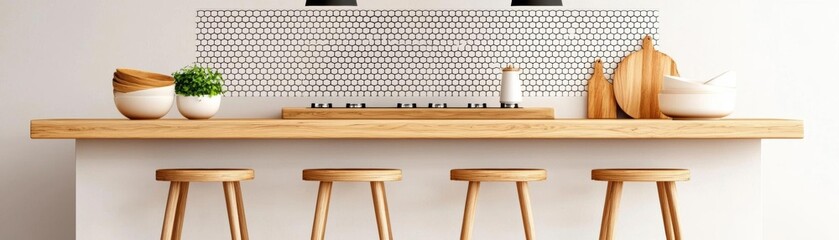 Contemporary kitchen with wooden cupboards and a bold patterned backsplash