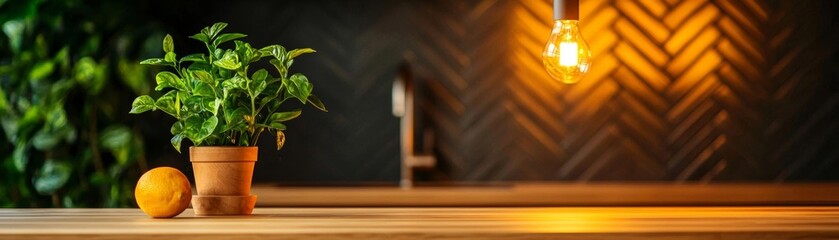 Fototapeta premium Modern kitchen with light wooden cabinetry and a herringbone tile backsplash