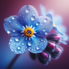 A closeup of Forget Me Not flower with dew drops