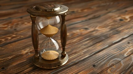 Classic hourglass with golden sand flowing through the narrow center, on a wooden table