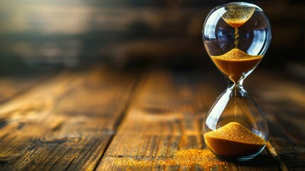Classic hourglass with golden sand flowing through the narrow center, on a wooden table