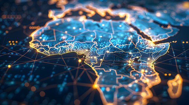 Digital map of Africa illustrating the concept of global network connectivity, high-speed data transfer, and cyber technology.