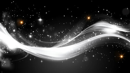 Obraz premium A stunning abstract design featuring flowing white waves against a black background, adorned with sparkling stars and cosmic elements.