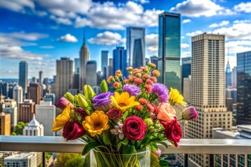 Colorful flower bouquet on balcony with city skyline backdrop