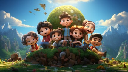 Naklejka premium Joyful Children Celebrating International Day in 3D Cartoon
