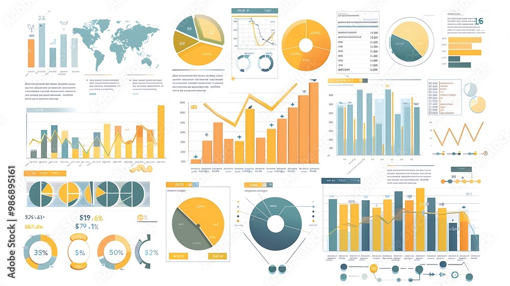 Poster collection of various charts and graphs showcasing data and information in an infographic design.