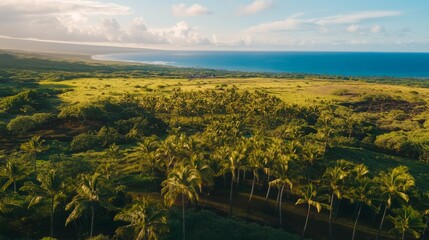 Aerial view of a palm tree forest on Hawaii Island with a distant ocean view