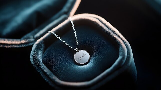 An exquisite 3D rendering of a personalized pendant necklace resting gracefully in a plush velvet box, showcasing a minimalist yet sophisticated design. The pendant, adorned with subtle engravings 