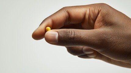 Close-up of a hand pinching a small yellow pill against a white background, highlighting detail and texture.