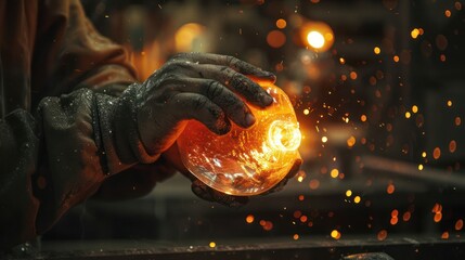 Detailed shot of a glassblower's hands working with hot glass, forming it into a delicate shape.