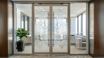 Elegant glass door with a floral etched design, leading to a luxurious executive office with modern furnishings.